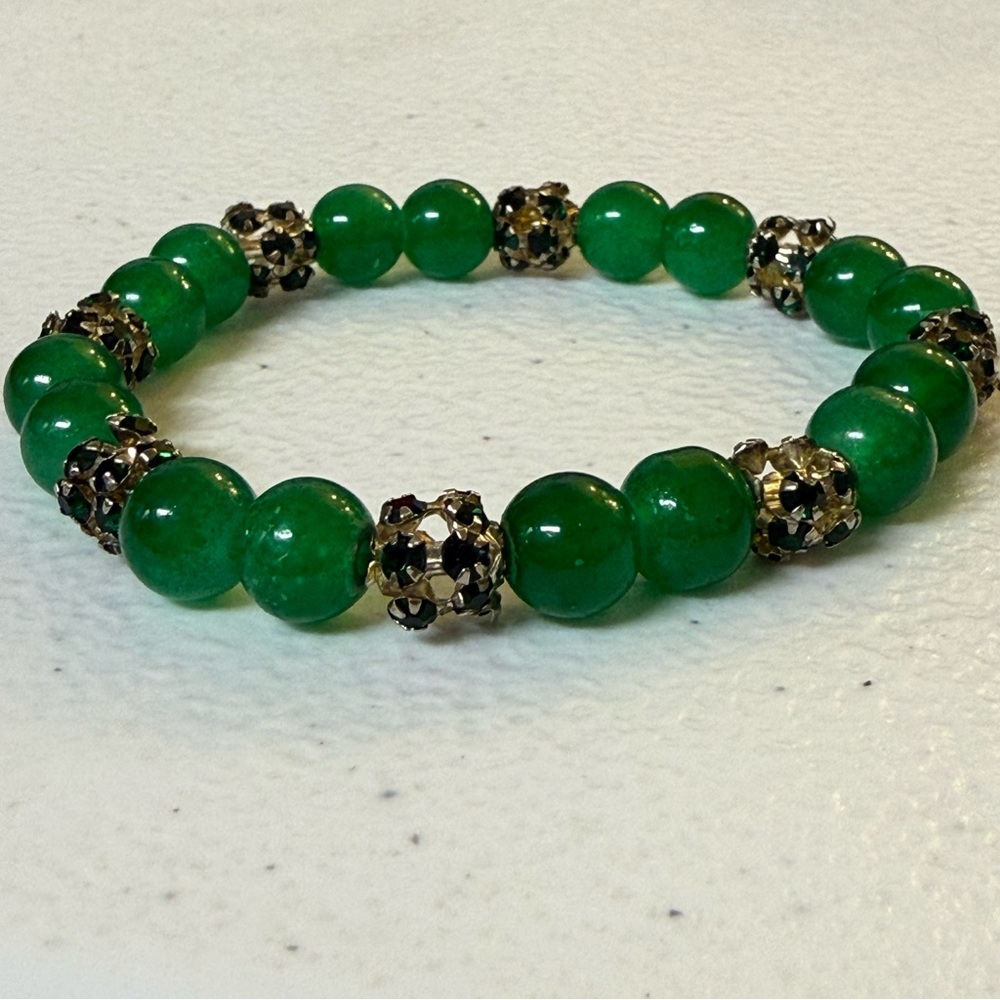 Emerald Green Beaded Stretch Bracelet Gold Pave Rhinestone Accents